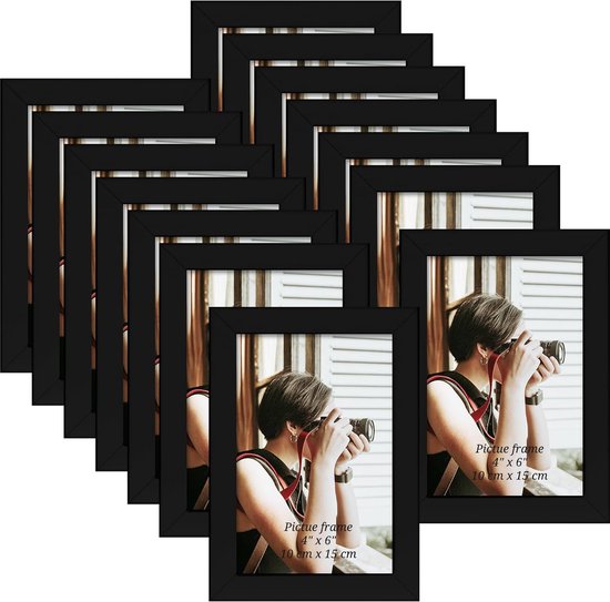 Set van 14 fotolijsten 4x6 zwart 4x6 fotolijsten om op te hangen aan de muur of neer te zetten op tafel voor foto's, schilderijen, landschappen, posters.