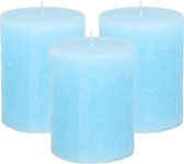 Stompkaars/cilinderkaars - 3x - licht blauw - 7 x 9 cm - middel rustiek model
