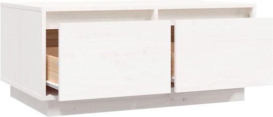 The Living Store Table basse Bois de pin Massief - Table d'appoint avec 2 tiroirs - Plateau de table spacieux - Cadre stable - Wit - 80x50x35cm