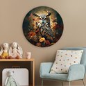 Cercle mural rond avec un hibou détaillé dans un bosquet de fleurs et de plantes aux couleurs chaudes et vives.