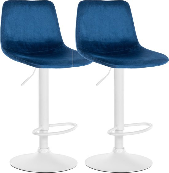 CLP Divo Set van 2 barkrukken - Met rugleuning - Verstelbaar - Voetsteun - Fluweel - Velvet - Metaal mat wit blauw