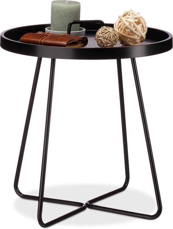 relaxdays bijzettafel met handvat - tafeltje rond - serveertafel - zwart -  bentwood | bol.com