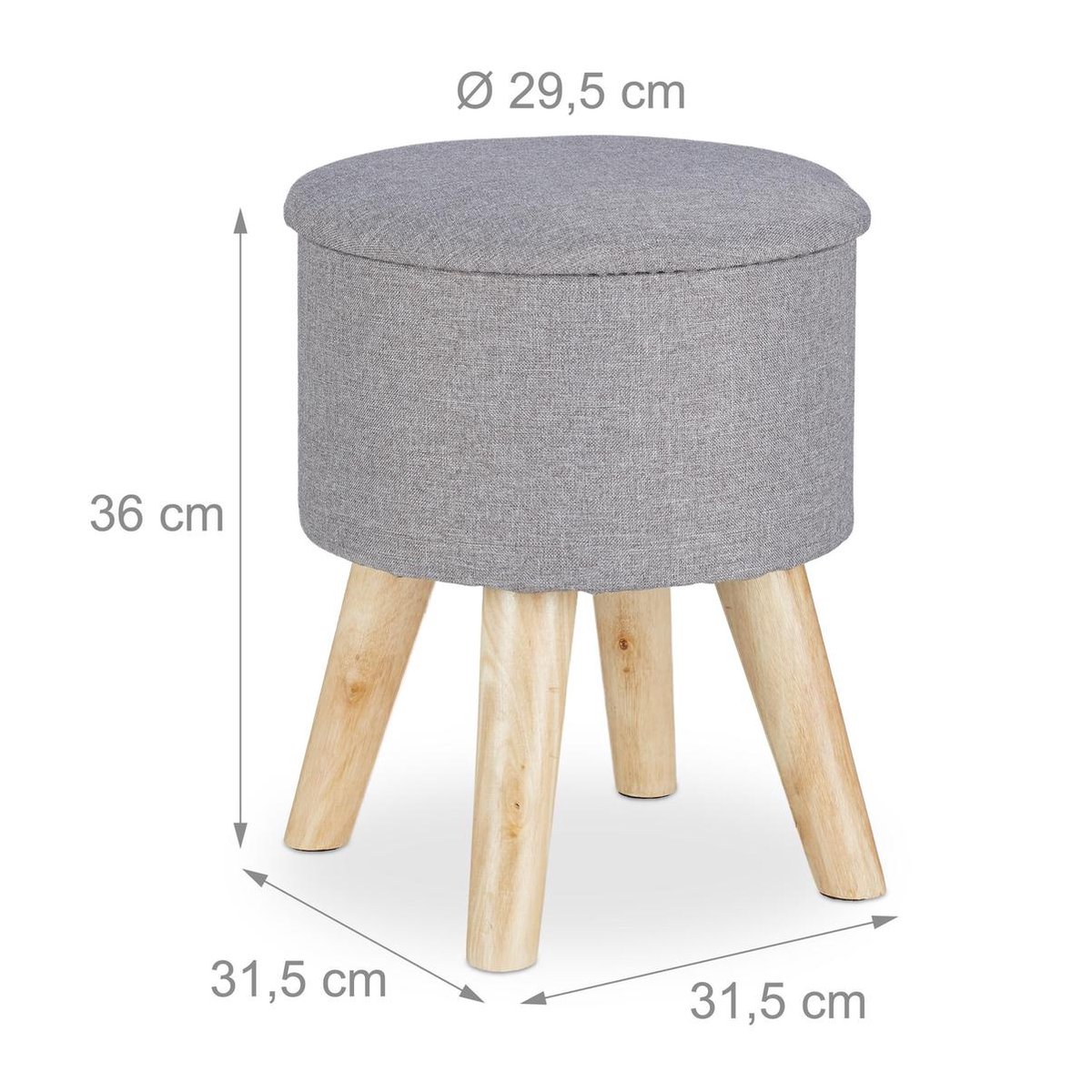 Relaxdays krukje met vacht, 4 houten pootjes, gepolsterd, kunstvel, decoratieve hocker, Hx: 31x31cm, in het grijs