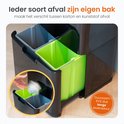 Zwarte prullenbak met uitneembare, gekleurde binnenemmers voor afvalscheiding.