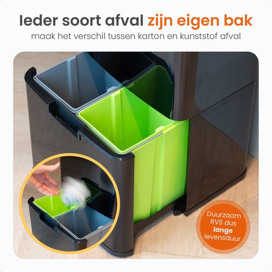 Zwarte prullenbak met uitneembare, gekleurde binnenemmers voor afvalscheiding.