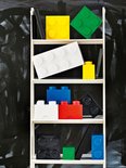 Op een plank staan gele, groene, witte, blauwe, rode en zwarte Lego-opbergdozen.