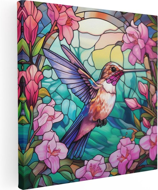 Artaza Canvas Schilderij Kolibrie van Glas in Lood - 50x50 - Foto Op Canvas - Canvas Print
