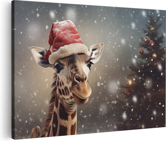Artaza Canvas Schilderij Giraffe met een Kerstmuts - Kerstmis - 60x40 - Foto Op Canvas - Canvas Print