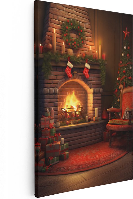 Artaza Canvas Schilderij Openhaard bij Kerst - 80x120 cm - Groot - Wanddecoratie Woonkamer - Schilderijen - Muurdecoratie