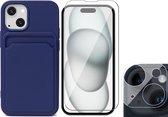 Hoesje Pasjeshouder geschikt voor iPhone 15 Plus - Screenprotector GlassGuard + Camera Lens Screen Protector - Siliconen Case Back Cover Blauw