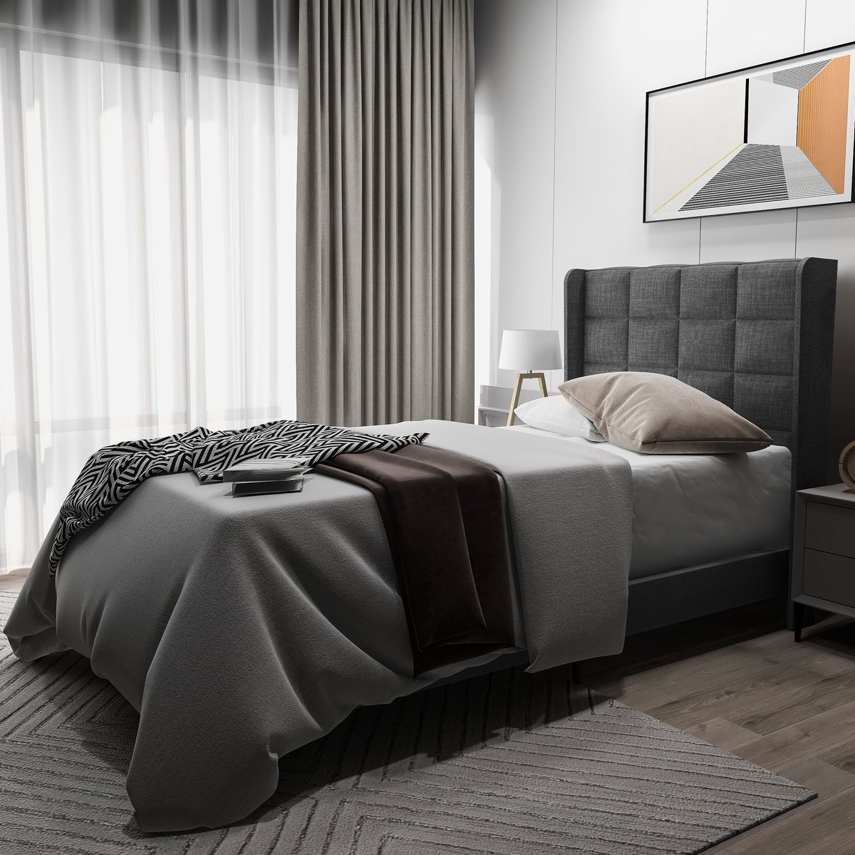 Modern design gestoffeerd bed met gewatteerd hoofdeinde eenpersoonsbed met lattenbodem, 90x200cm, in grijs linnen, middelhard (zonder matras)