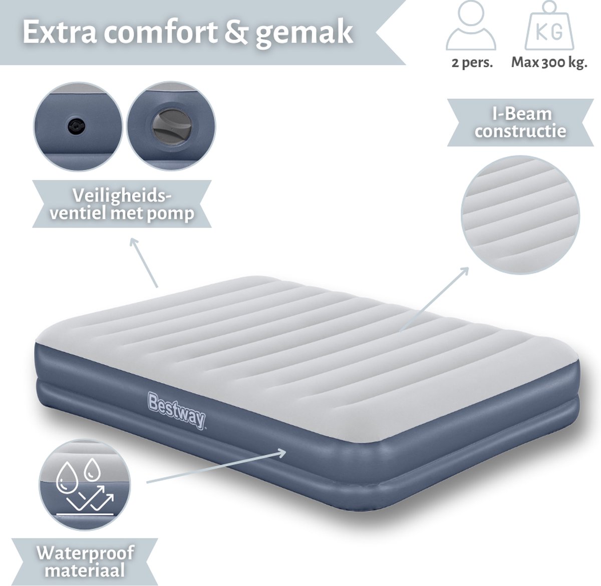 Bestway luchtbed - 2-Persoons - 152x203x36 cm (BxLxH) - Blauw - Met ingebouwde USB oplaadbare pomp