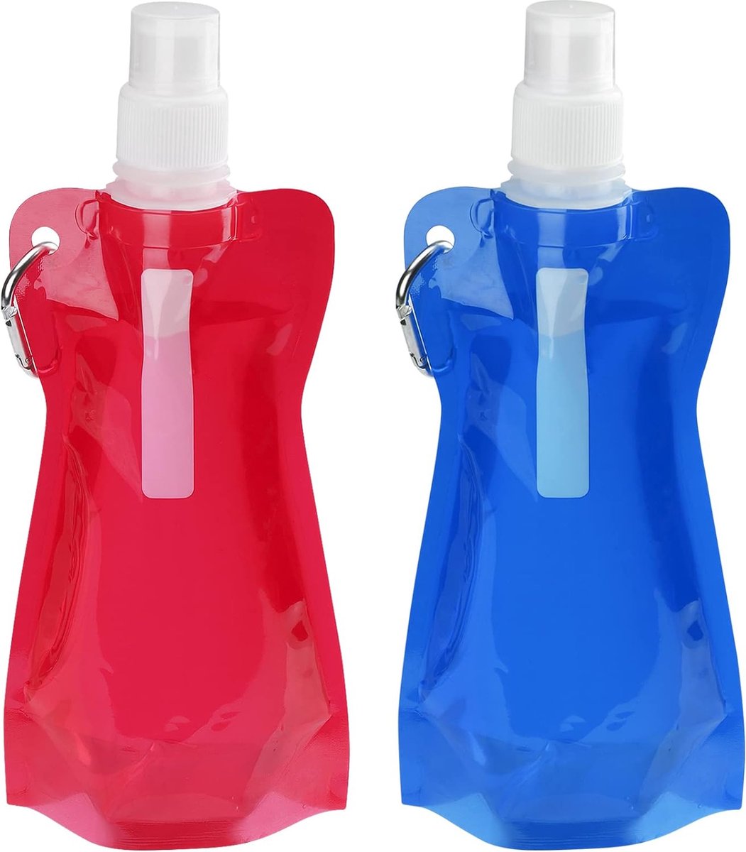 2 stuks - Opvouwbare drinkfles BPA-vrij, herbruikbare drinkfles, 500 ml, met karabijnhaak, draagbaar, voor wandelen, reizen, avontuur (rood en blauw)