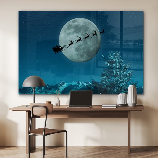 MuchoWow® Peinture sur verre 150x100 cm - Peinture sur verre acrylique - Rennes avec le Père Noël dans les airs - Photo sur verre - Peintures