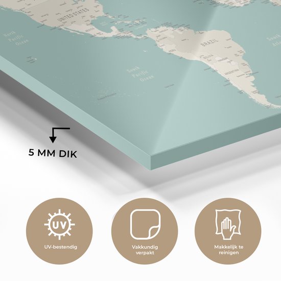 MuchoWow® Peinture sur verre 120x60 cm - Peinture sur verre - Wereldkaart - Blauw - Atlas - Photo sur verre acrylique - Peintures