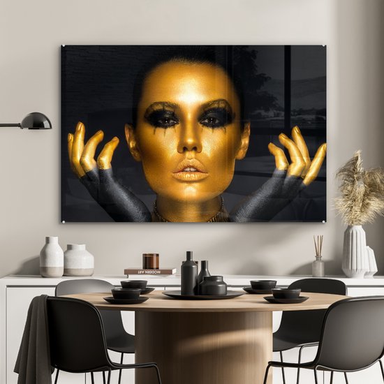 MuchoWow® Peinture sur Verre - Femme - Portrait - Or - Luxe - Zwart - 120x80 cm - Peintures sur Verre Peintures - Photo sur Glas