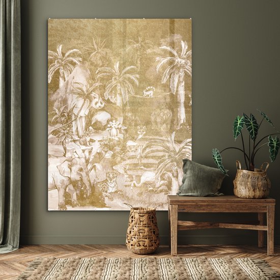 MuchoWow® Glasschilderij 120x160 cm - Schilderij acrylglas - Jungle - Goud - Kinderen - Planten - Dieren - Foto op glas - Schilderijen