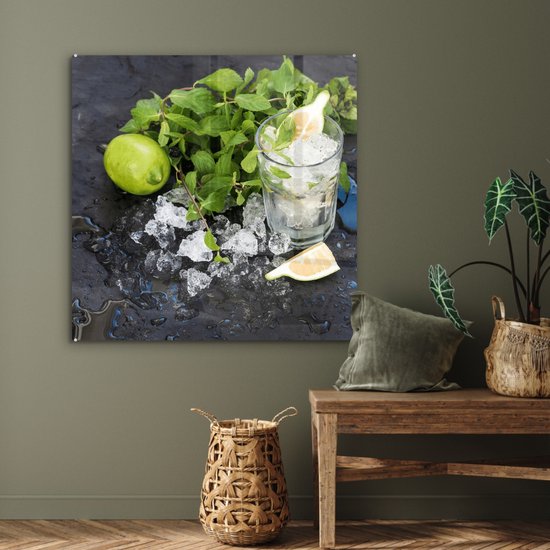 MuchoWow® Peinture sur Verre - Cocktail - Mojito - Glaçons - 90x90 cm - Peintures sur Verre Acrylique - Photo sur Glas