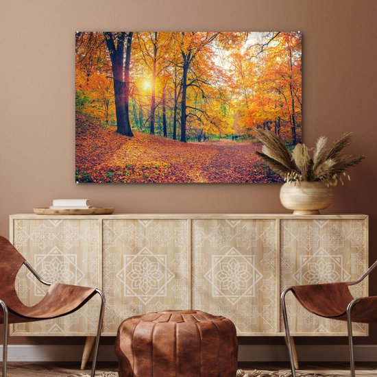 MuchoWow® Glasschilderij 90x60 cm - Schilderij acrylglas - Bomen - Herfst - Bos - Herfstbladeren - Foto op glas - Schilderijen