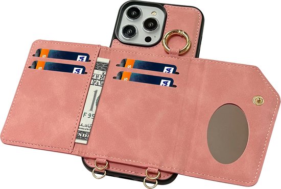 Coque Casemania pour Apple iPhone 14 Pro Pink Pâle - Coque Arrière de Luxe 2 en 1 avec Cordon - Étui Portefeuille adapté à Magsafe - Porte-Cartes