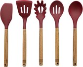 Kookgerei Set, Kooklepels, Set van 5 Stuks, Rood, Siliconen, Essenhout - Barbary & Oak | Foundry