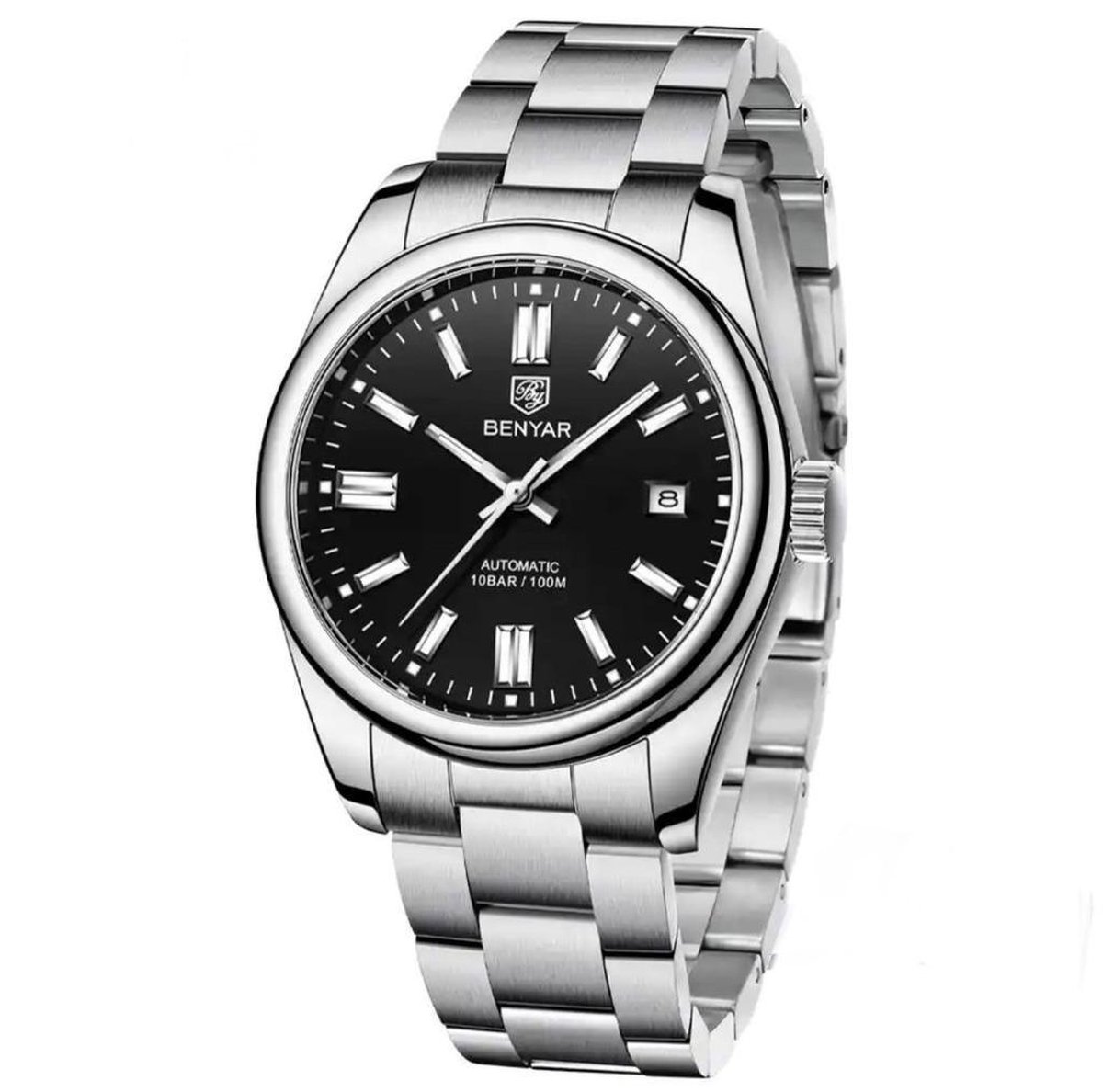 Benyar Luxe Heren Polshorloges - heren horloge - Mannen - Zwart - Polsband zilver