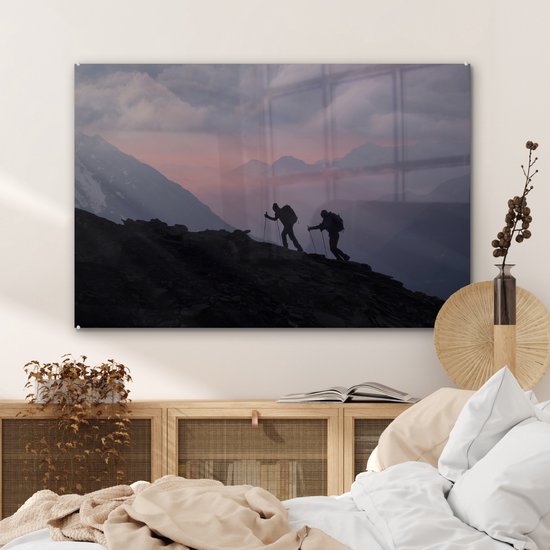 MuchoWow® Peinture sur verre 90x60 cm - Peinture sur verre acrylique - Deux alpinistes escaladent une montagne au lever du soleil - Photo sur verre - Peintures