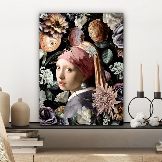 Toile de Oude Meesters - 30 x 40 - Peinture sur toile - Vermeer - Fleurs - Fille avec une boucle d'oreille en perle