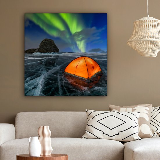 Tableau sur toile Aurores Boréales - Tente - Glace - Scandinavie - 90x90 cm - Décoration murale