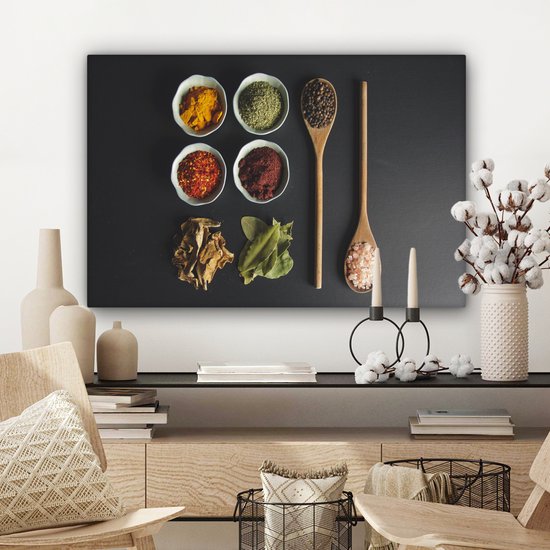 Toile Peinture Louche - Épices - Herbes - Vert - Marron - Rustique - 90x60 cm - Décoration murale