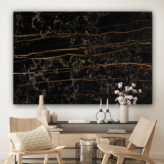 Canvas schilderij 150x100 cm - Wanddecoratie Marmer - Zwart - Goud - Ader - Muurdecoratie woonkamer - Slaapkamer decoratie - Kamer accessoires - Schilderijen op canvas