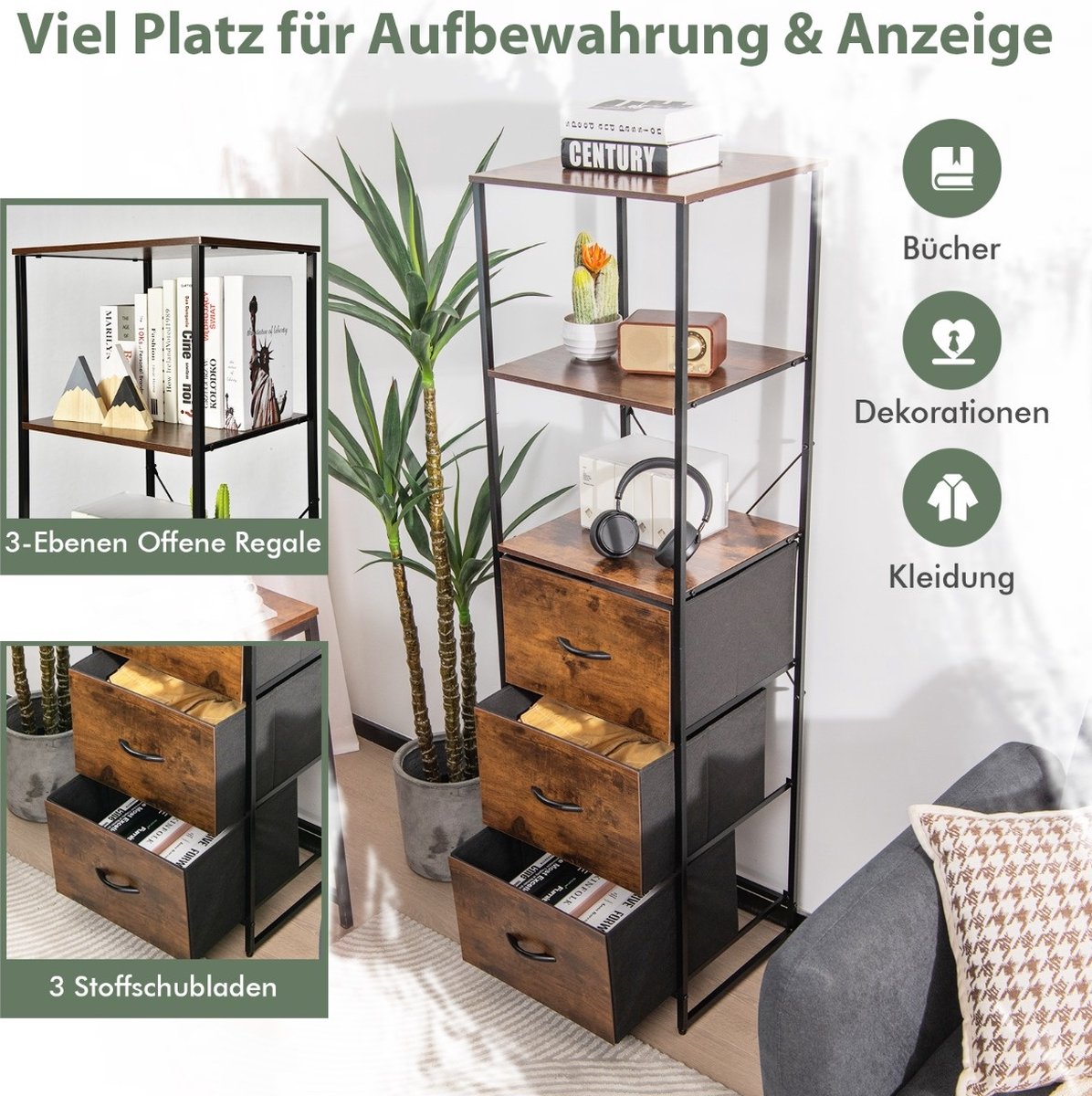 Vicco Boekenkast Antraciet 40 x 140 cm met 5 compartimenten, Tetrix