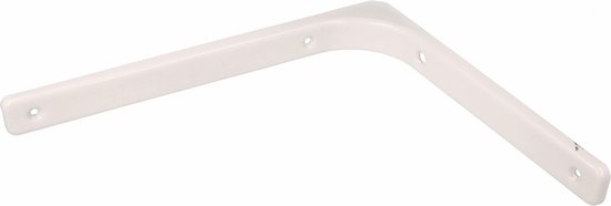 Équerre de tablette blanche en métal avec deux trous de vis sur chaque branche.
