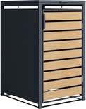Zwarte kliko ombouw met houtlook front en metalen frame.