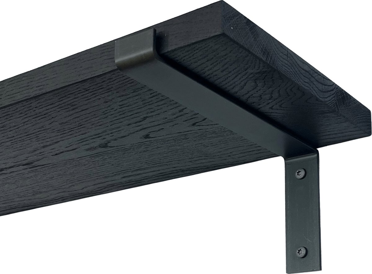 GoudmetHout Wandplank Industrieel - 200 x 25 cm Muurplank - Zwart Eiken Hout - Decoratie Wandrek & Boekenrek - Hangplank Keuken - Wall Shelf + 2 Mat Blanke Plankdragers van Staal Zwart - Mat blank - 25 cm
