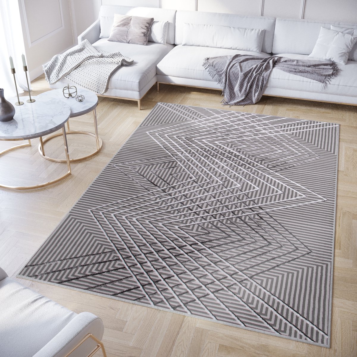 Tapiso Crystal Vloerkleed Grijs Zigzag 3D Effect Laagpolig Tapijt Maat- 250x350 Donkergrijs 4