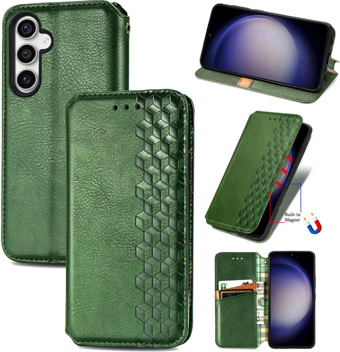 Luxe PU Lederen Ruitpatroon Wallet Case + PMMA Screenprotector voor Galaxy S23 FE _ Groen