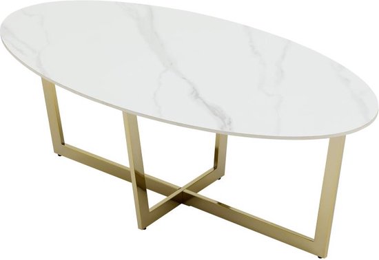 Salontafel van keramiek en staal - Wit marmereffect en goud - AJANIA L 120 cm x H 45 cm x D 60 cm