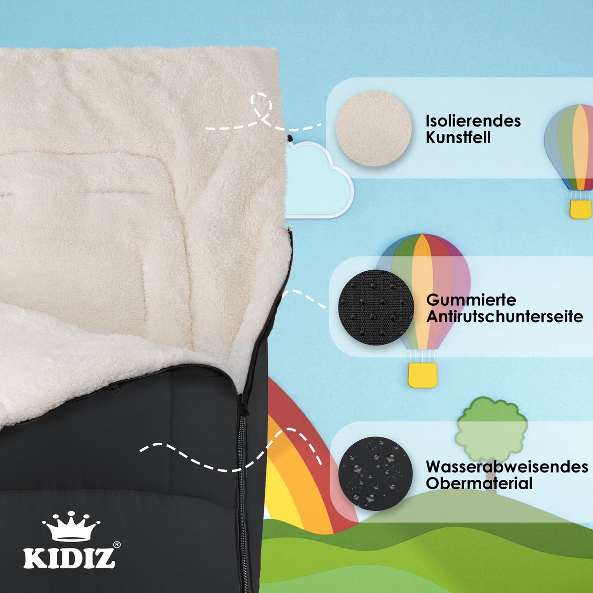 KIDIZ® Voetenzak voor Autostoeltje en Buggy met Ritssluiting - Baby Slaapzak Deken voor Maxi-Cosi & Wandelwagen / Kinderwagen - Zwart – foto 2