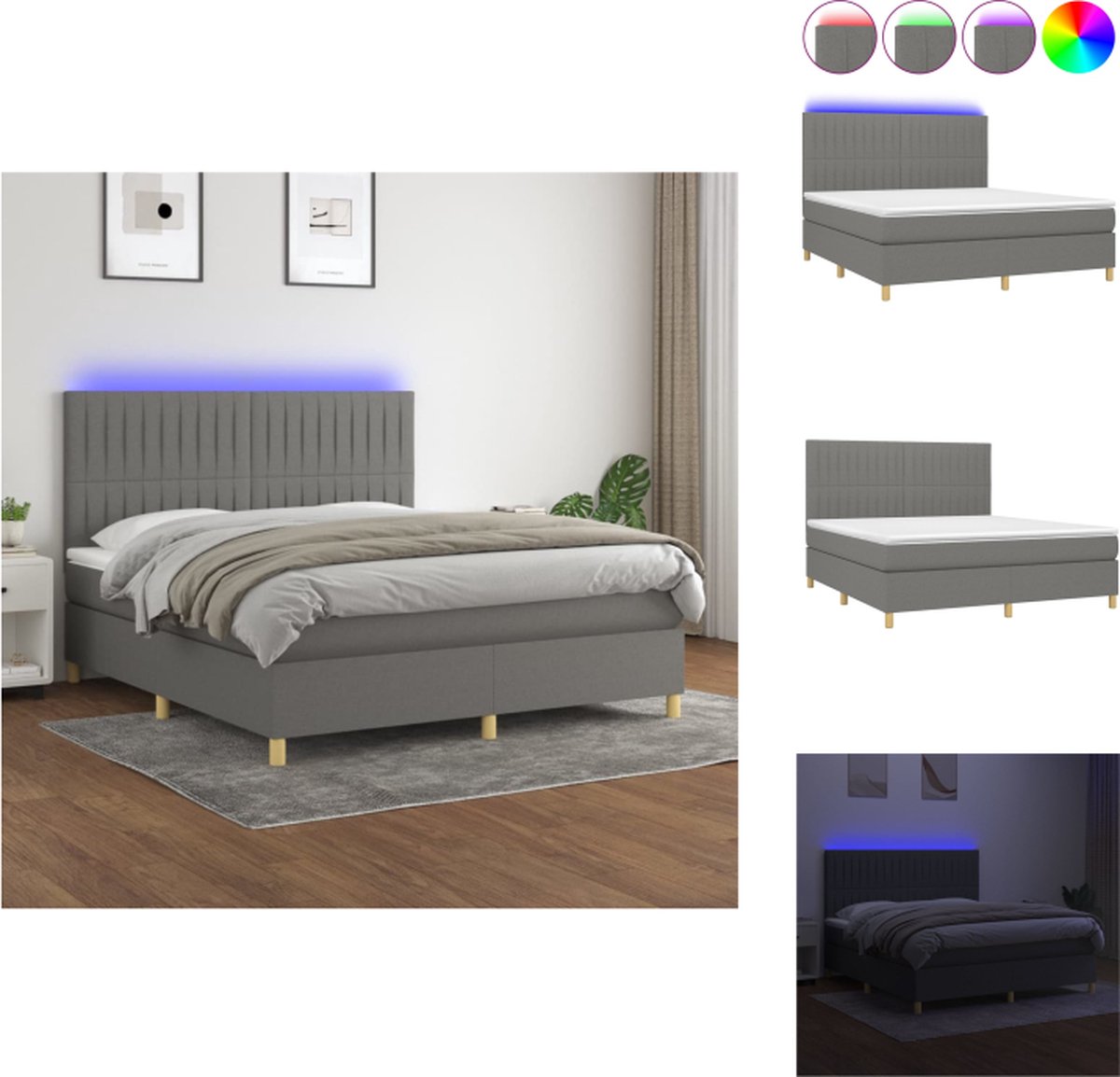 VidaXL Boxspring Donkergrijs 203x180x118 128cm LED Pocketvering matras Huidvriendelijk topmatras Bed