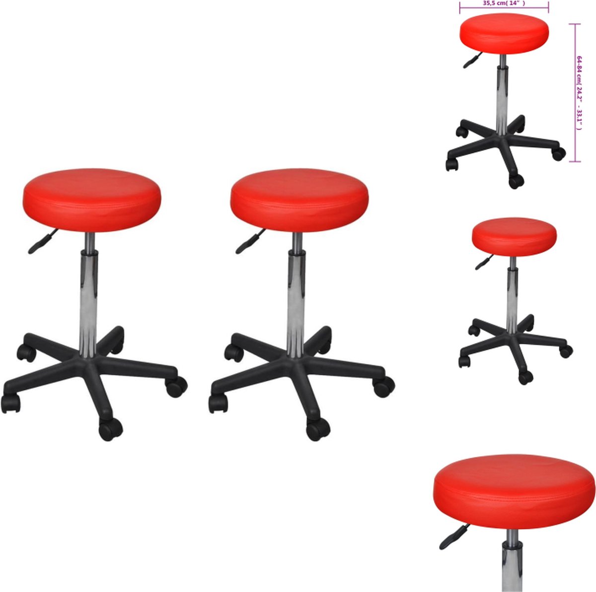 vidaXL Kantoorkruk Rood 35.5 x (64-84) cm - verstelbaar - 2 krukken - Bureaustoel