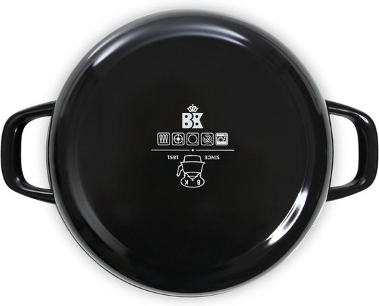 Onderkant van zwarte braadpan met merklogo.