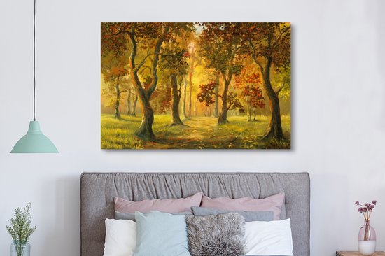 Une illustration d'une forêt au soleil d'automne sur toile 180x120 cm - Tirage photo sur Toile (Décoration murale salon / chambre) / Arbres Peintures sur toile XXL / Groot format!