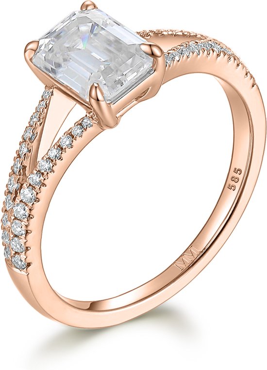 Emelise - Ring moissanite taille émeraude en or rose 14 carats avec Séparation- Tige et pierres latérales en or rose 14 carats - 3,5 carats