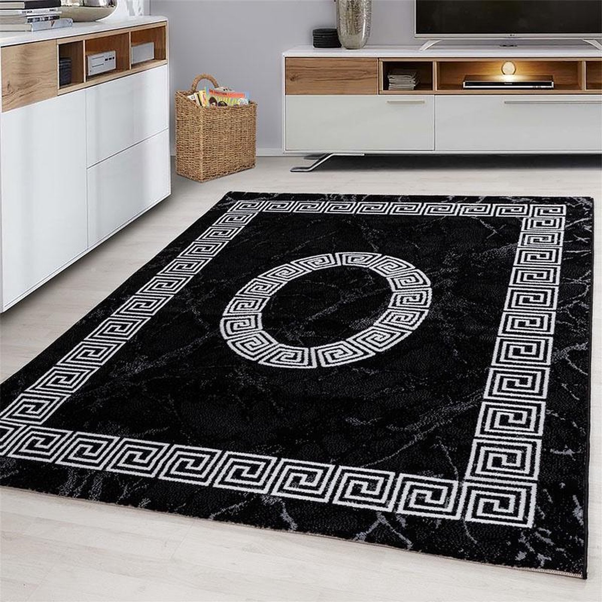 Laagpolig vloerkleed, meanderpatroon, zwart, woonkamerkleed, jute achterkant, afmeting: 160 cm x 230 cm