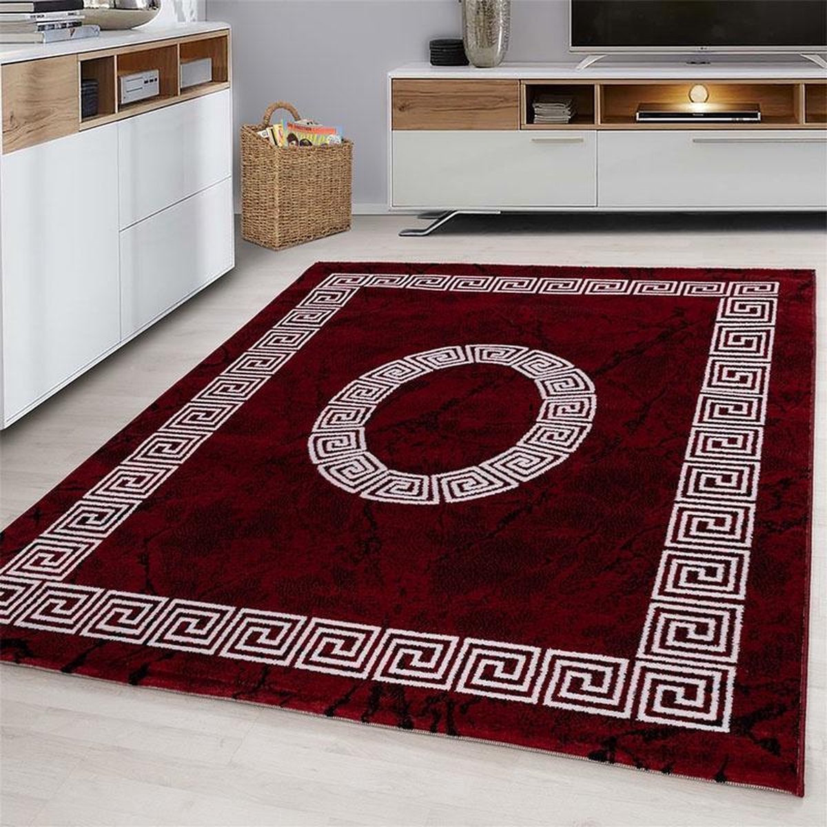 Kortpolig vloerkleed, meanderpatroon, rood, woonkamerkleed, jute achterkant, afmeting: 120 cm x 170 cm