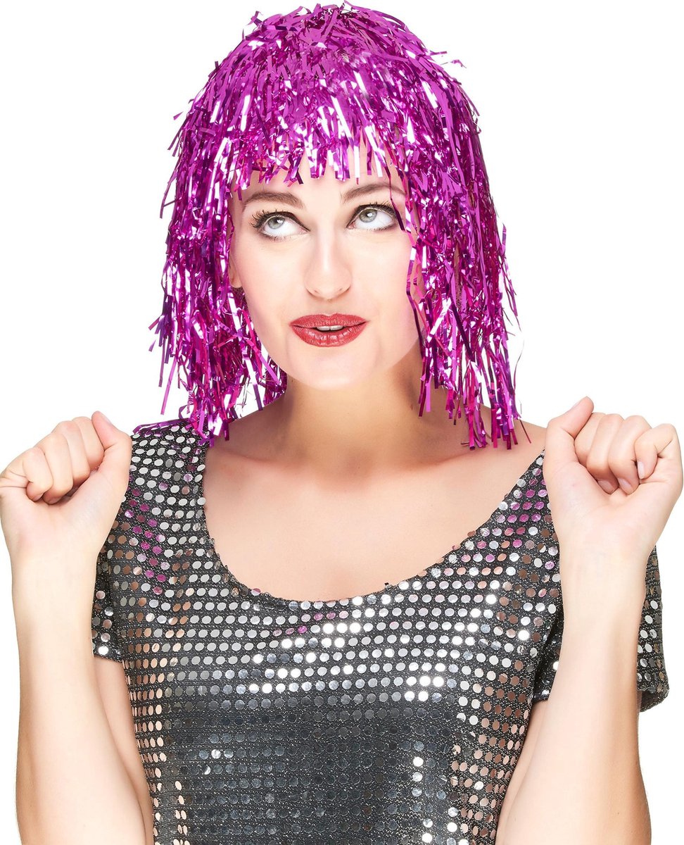 Vegaoo - Fuchsia glitterpruik voor volwassenen