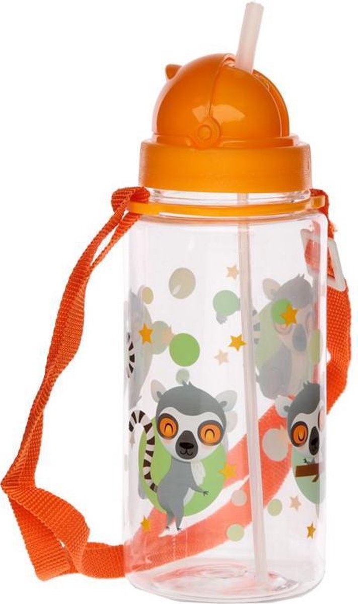 Puckator Drinkfles met rietje lemur - 450ML - Oranje