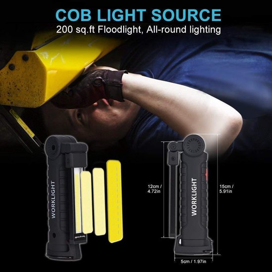Led-werklamp, oplaadbaar, gecombineerd, dubbelkleurig, inspectielamp, 2-in-1 en 3 W, COB led-zaklamp, met dubbele magneet, voor auto, garage, werkplaats, camping, knutselen enz