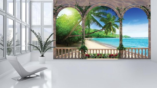 Foto: Fotobehang vlies behang uitzicht op het tropische paradijs vanaf het terras 3d palmbomen strand zee 104 x 70 5 cm